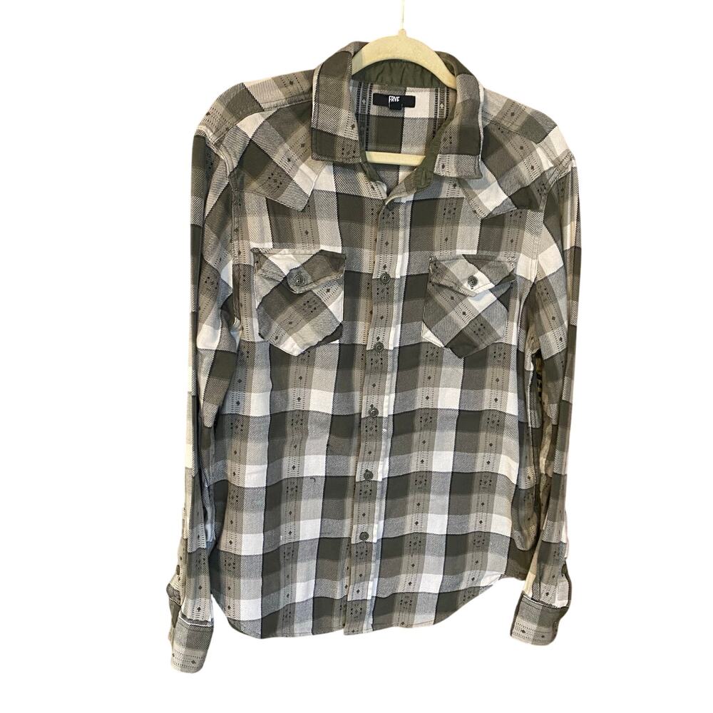 Frye Plaid Flannel Shirt Men’s M Olive Green Beige Cotton Western Workwear Style